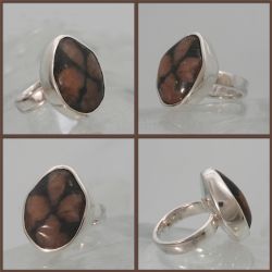 Een zilveren ring met chiastolith, ook wel cross-stone genoemd. De steen is 26 x 20 mm en het zilver is glanzend afgewerkt.