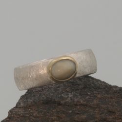 Een ijsmatte zilveren ring met een kwartskattenoog, in een geelgouden zetkast