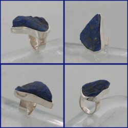 Een glanzende zilveren ring met ongeslepen lapis lazuli, de steen is 35 x 24 mm Prijs: €300,-