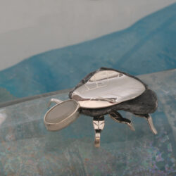 Het wandelend oesterblad komt vooral voor op droogvallende platen in de Waddenzee. Het is bijzonder schuw diertje, erg gevoelig voor geluid. De broche is gemaakt van zilver, maansteen en fossiele platte oester. Lengte 46 mm Prijs € 340,-
Prijs € 340,-